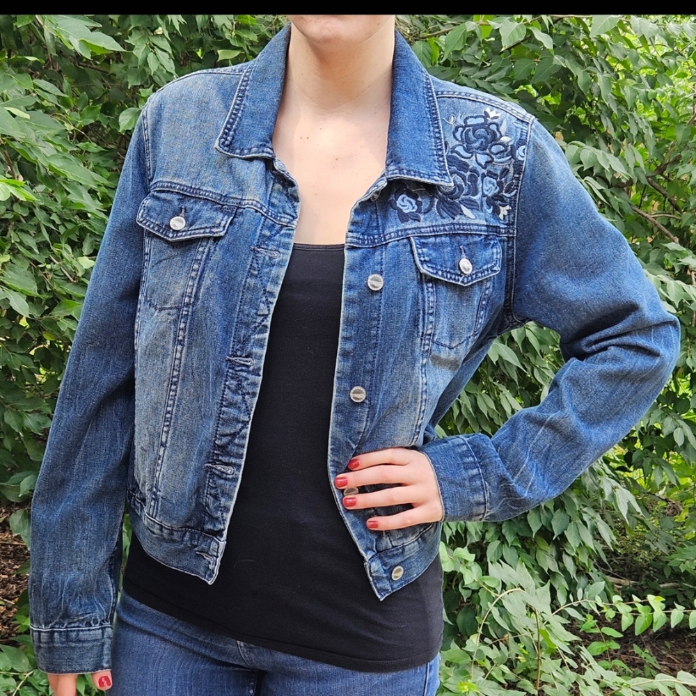 Denim Jacket by Amethyst with Floral Embroidery Details